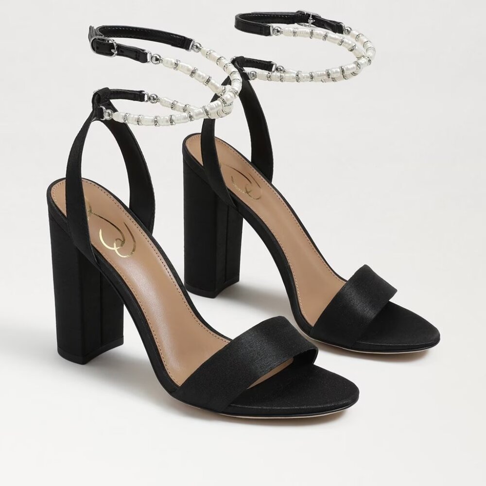 SAM EDELMAN Yanelli Pearl Embellished Satin Sandals in Black Satin Size US 5.5
